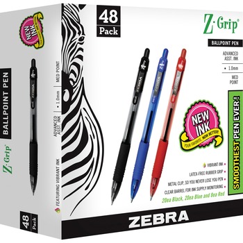 Zebra Z-Grip Retractable Ballpoint Pen, Assorted Ink, Medium, 48/Pack