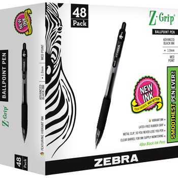 Zebra Z-Grip Retractable Ballpoint Pen, Black Ink, Medium, 48/Pack