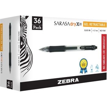 Zebra Sarasa Retractable Gel Pen, Black Ink, Medium, 36/Pack