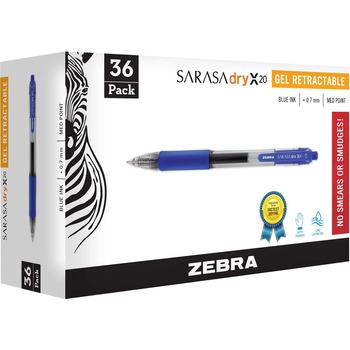 Zebra Sarasa Retractable Gel Pen, Blue Ink, Medium, 36/Pack