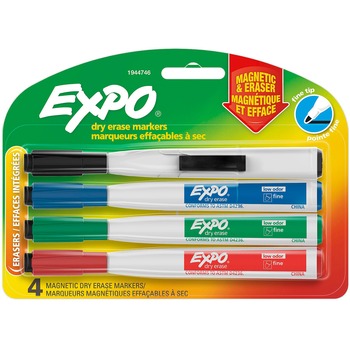 EXPO Eraser Cap Fine Magnetic Dry Erase Markers, Medium, Fine, Broad Marker Point, Assorted, 4/PK