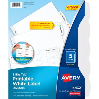 Avery Big Tab White Label Tab Dividers, 5 Print-on Tab(s), 3 Hole Punched, White Divider, 4/PK