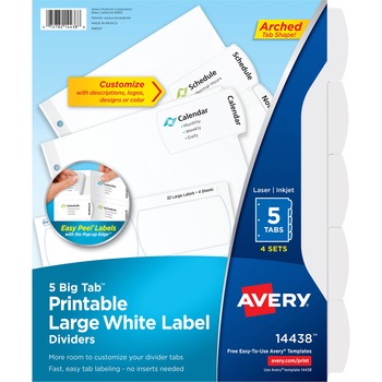 Avery Big Tab Large White Label Tab Dividers, 5 Print-on Tab(s), 3 Hole Punched, White Divider, 4/PK