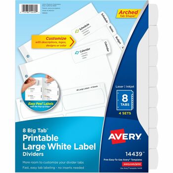 Avery Big Tab Large White Label Tab Dividers, 8 Print-on Tab(s), 3 Hole Punched, White Divider, 4/PK