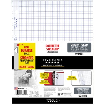 Five Star Reinforced Filler Paper, 3-Ring Binding, Graph Ruled, 20 lb, 8 1/2&quot; x 11&quot;, White Paper, 100/PK
