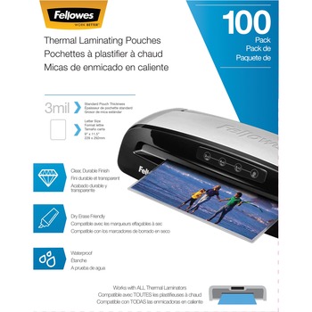 Fellowes Thermal Laminating Pouches, 9 in W x 11.50 in L, 3 mil Thickness, 100/Pack