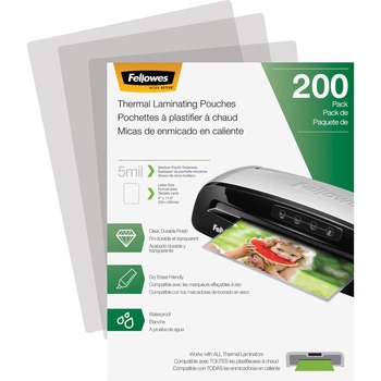 Fellowes Letter-Size Thermal Laminating Pouches, 9 in W x 11.50 in L, 5 mil Thickness, 200/Pack