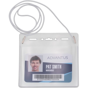 Advantus Horizontal ID Card Holder with Neck Cord, Horizontal, Vinyl, White, Clear, 25/PK