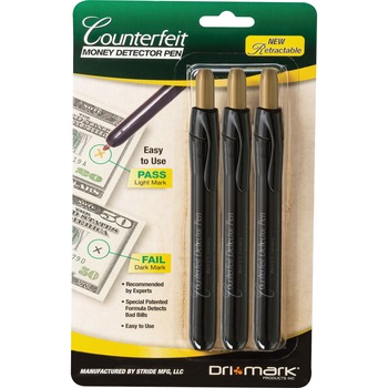 Dri-Mark Retractable Counterfeit Pen, Black, 3/PK