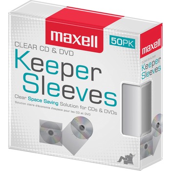 Maxell CD/DVD Keeper Sleeves, Clear Plastic, 50/PK