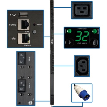 Tripp Lite by Eaton 7.7kW Single-Phase Monitored PDU, LX Interface, 200-240V Outlets, IEC 309 32A Blue, 10 ft. (3.05 m) Cord, TAA