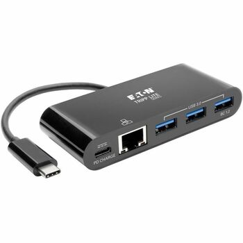 Tripp Lite by Eaton 3-Port USB-C Hub with LAN Port and Power Delivery, USB-C to 3x USB-A, Gbe, 60W PD Charging, USB 3.0, Black