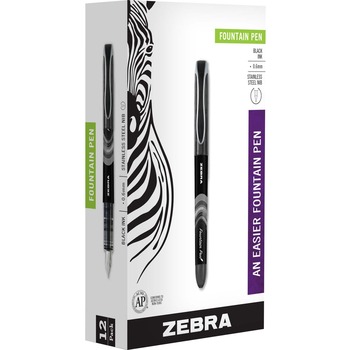 Zebra Fountain Pen, Black Ink, Fine, 1 Dozen