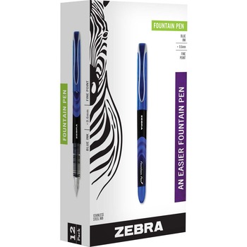 Zebra Fountain Pen, Blue Ink, Fine, 1 Dozen