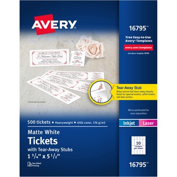 Avery Tear-Away Stubs Matte Printable Tickets, White, 500/PK