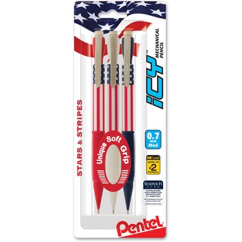 Pentel Stars &amp; Stripes Mechanical Pencil, #2 Lead, Refillable, 3/PK