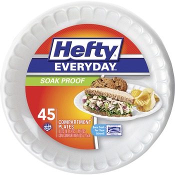 Hefty 3 Compartment Soak Proof Round Plates, Foam, 8 9/10&quot;, White, 45 Plates/Pack