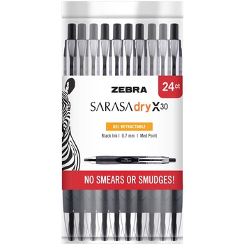 Zebra Sarasa Dry Gel X30 Retractable Pen, Medium 0.7 mm, Black Ink, Black Barrel, 24 Count