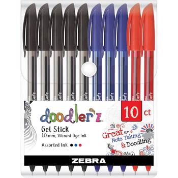 Zebra Doodler&#39;z Gel Stick Pen, Bold 1 mm, Assorted Ink, Assorted Barrels, 10/Pack