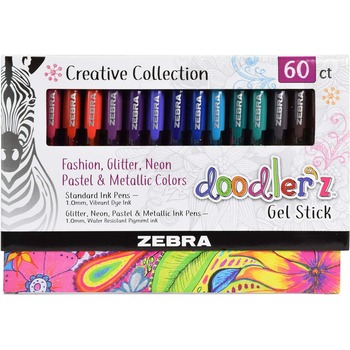 Zebra Doodler&#39;z Gel Stick Pen, Bold 1 mm, Assorted Ink, Assorted Barrels, 60/Pack