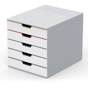 Durable VARICOLOR MIX 5 Drawer Desktop Storage Box, 11&quot;H x 11.5&quot;W x 14&quot;D, White/Multicolor, Plastic