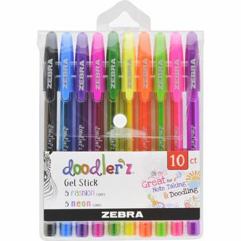 Zebra Doodler&#39;z Gel Stick Pen Set, Bold Pen Point, 1 mm, Assorted Neon, Translucent Barrel