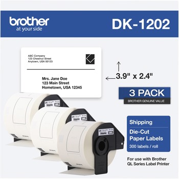 Brother DK Address Label - 2 2/5&quot; Width x 3 29/32&quot; Length - Rectangle - Thermal - White - Paper - 300 / Roll - 3 Roll