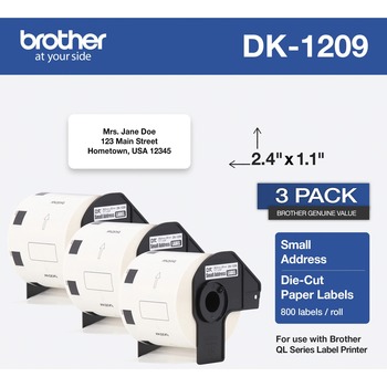Brother DK Address Label - 2 2/5&quot; Width x 1 1/10&quot; Length - Rectangle - Thermal - Paper - 800 / Roll - 3 Roll