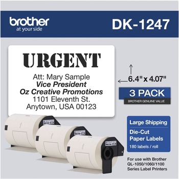 Brother DK Shipping Label - 6 2/5&quot; Width x 4 1/16&quot; Length - Rectangle - Thermal - White - Paper - 180 / Roll - 3 Roll