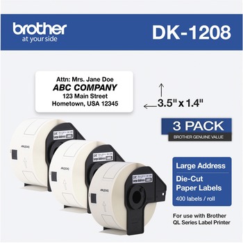Brother DK Address Label - 1 2/5&quot; Width x 3 1/2&quot; Length - Rectangle - Thermal - Paper - 400 / Roll - 3 Roll