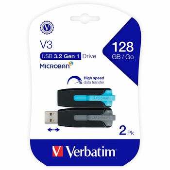 Verbatim Store &#39;n&#39; Go V3 USB 3.0 Flash Drive, 128 GB, Blue/Gray, 2/PK