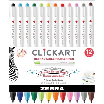 Zebra ClickArt Retractable Marker Pen, Fine 0.6 mm, Assorted Ink, White Barrel, 12/Pack