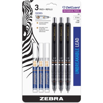 Zebra Delguard Mechanical Pencils with Refills, 0.5 mm, Black, 3/Pack