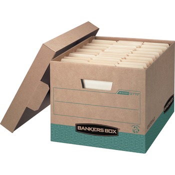Bankers Box Recycled R-Kive File Storage Box, Letter/Legal, 800 lb, Lift-off Closure, Heavy Duty, Kraft/Green, 12/Carton