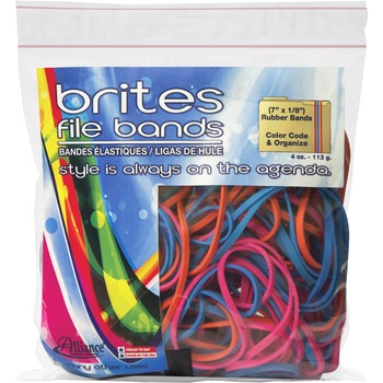Alliance Rubber Company Rubber Brites File Bands, Non-Latex Colored Elastic Bands, 7&quot; x 1/8&quot;, Resealable Bag, 50/PK