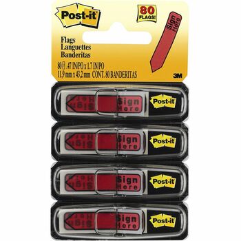 Post-it&#174; 1/2&quot;W Arrow Message Flags, &quot;SIGN HERE&quot;, Red, 20 Flags/Dispenser 4 Dispensers/PK