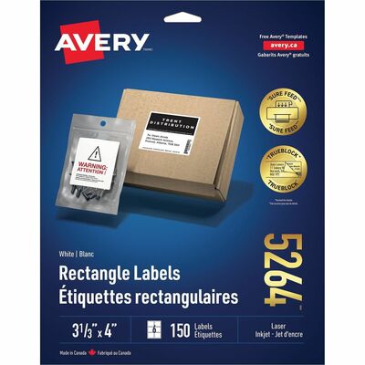 Avery&reg; TrueBlock(R) Shipping Labels, Sure Feed(TM) Technology, Permanent Adhesive, 3-1/3" x 4" , 150 Labels (5264)