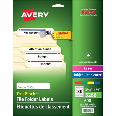 Avery&reg; TrueBlock(R) File Folder Labels, 2/3" x 3-7/16" , 750 Printable Labels, Assorted (5266)