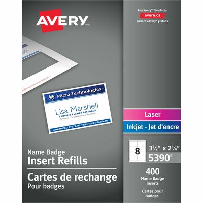 Avery&reg; Customizable Name Badge Inserts, 2.25" x 3.5" , White, 400 Printable Name Tag Inserts (05390)