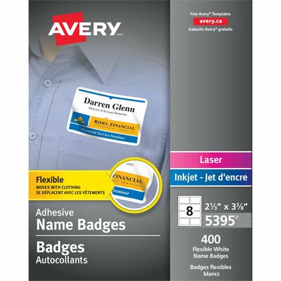 Avery&reg; Flexible Printable Name Tags, 2-1/3" x 3-3/8" Rectangle Labels, White, 400 Removable Name Badges (05395)