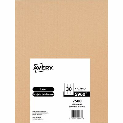 Avery&reg; Easy Peel(R) Address Labels, Sure Feed(TM) Technology, Permanent Adhesive, 1" x 2-5/8" , 7,500 Labels (5960)