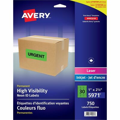 Avery&reg; Neon Address Labels with Sure Feed(TM) for Laser Printers, 1" x 2 5/8" , 750 Green Labels (5971)