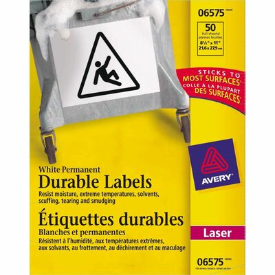 Avery&reg; Durable ID Labels, Permanent Adhesive, 8-1/2" x 11" , Matte White, 50 Labels (6575)