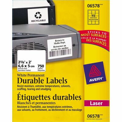Avery&reg; Durable ID Labels, Permanent Adhesive, 2" x 2-5/8" , 750 Labels (6578)