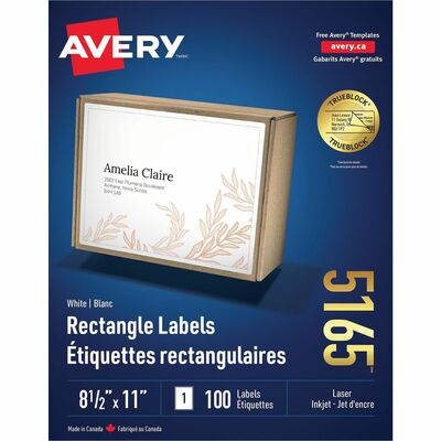 Avery&reg; Shipping Labels, TrueBlock(R) Technology, Permanent Adhesive, 8-1/2" x 11" , 100 Labels (5165)