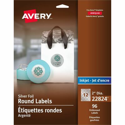 Avery&reg; Easy Peel(R) Embossed Foil Labels, Permanent Adhesive, Matte Silver, Round, 2" , 96 Labels (22824)