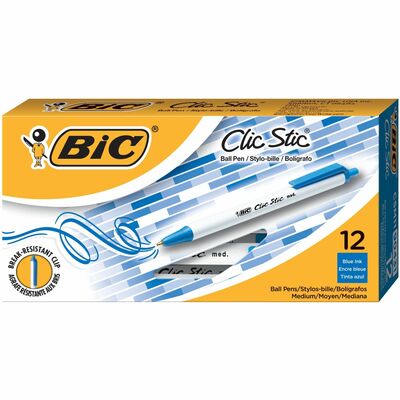 BIC Clic Stic Blue Retractable Ballpoint Pens, Medium Point (1.0 mm), 12-Count Pack, Round Barrel Design for Comfortable Writing