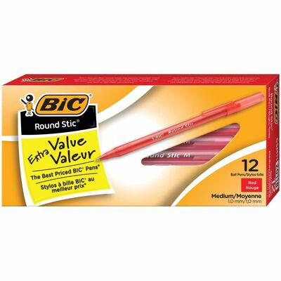 BIC Round Stic Extra Life Red Ballpoint Pens, Medium Point 