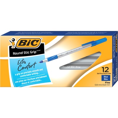 BIC Round Stic Grip Extra Comfort Blue Ballpoint Pens, Medium Point (1.2 mm), 12-Count Pack, Excellent Writing Pens With Soft Grip for Superb Comfort and Control