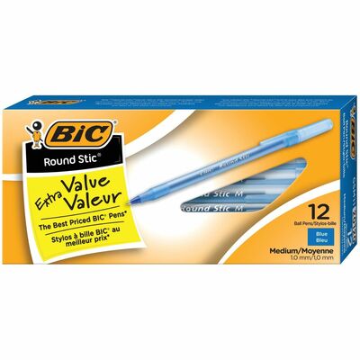 BIC Round Stic Extra Life Blue Ballpoint Pens, Medium Point (1.0 mm), 12-Count Pack of Bulk Pens, Flexible Round Barrel for Writing Comfort, No. 1 Selling Ballpoint Pens